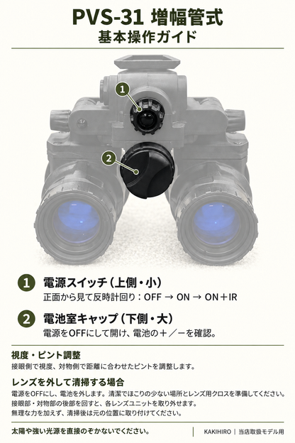 PVS-31 増幅管式の実物操作ガイド：上側の電源スイッチと下側の電池室キャップを強調表示